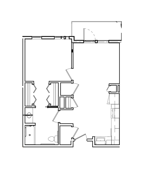 Floor plan for 1 bed, 1 bath, 677 sqft